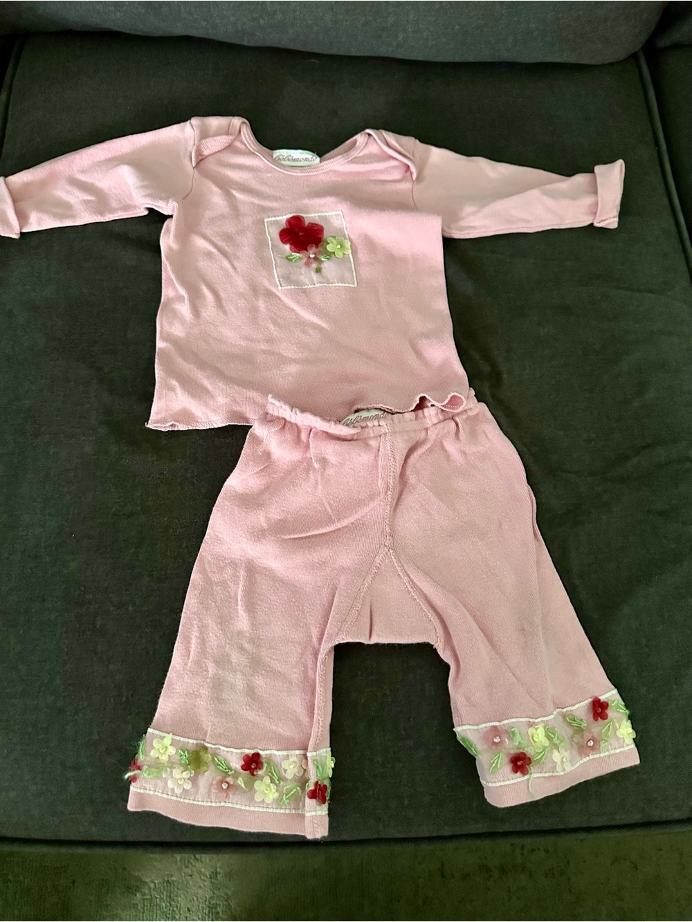 Bébémonde Vintage Pink Ribbed Floral Appliqué Top & Bell Pants Set 12 mo
